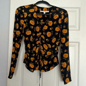 Veronica Beard Silk Fitted Shirt. Black with gold marigolds Print.